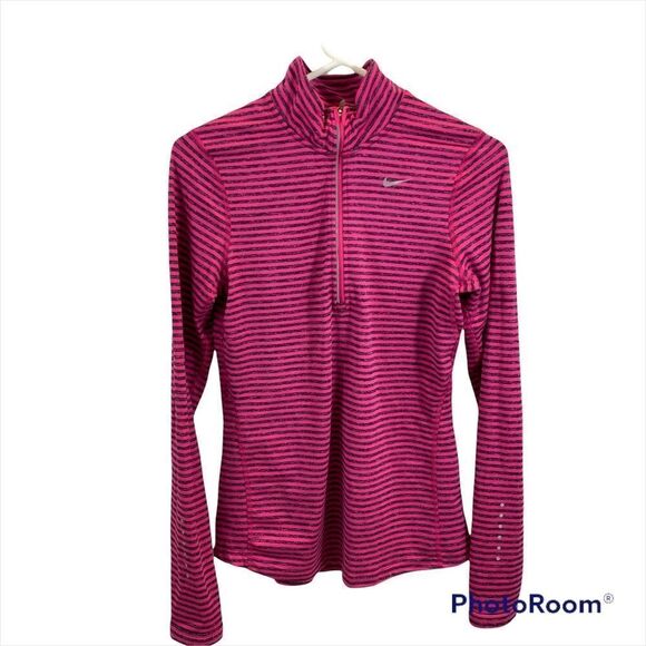 Ladies Nike Running Dri-Fit Long Sleeved 1/4 Zipper Top Pink and Grey Striped XS - Picture 7 of 16